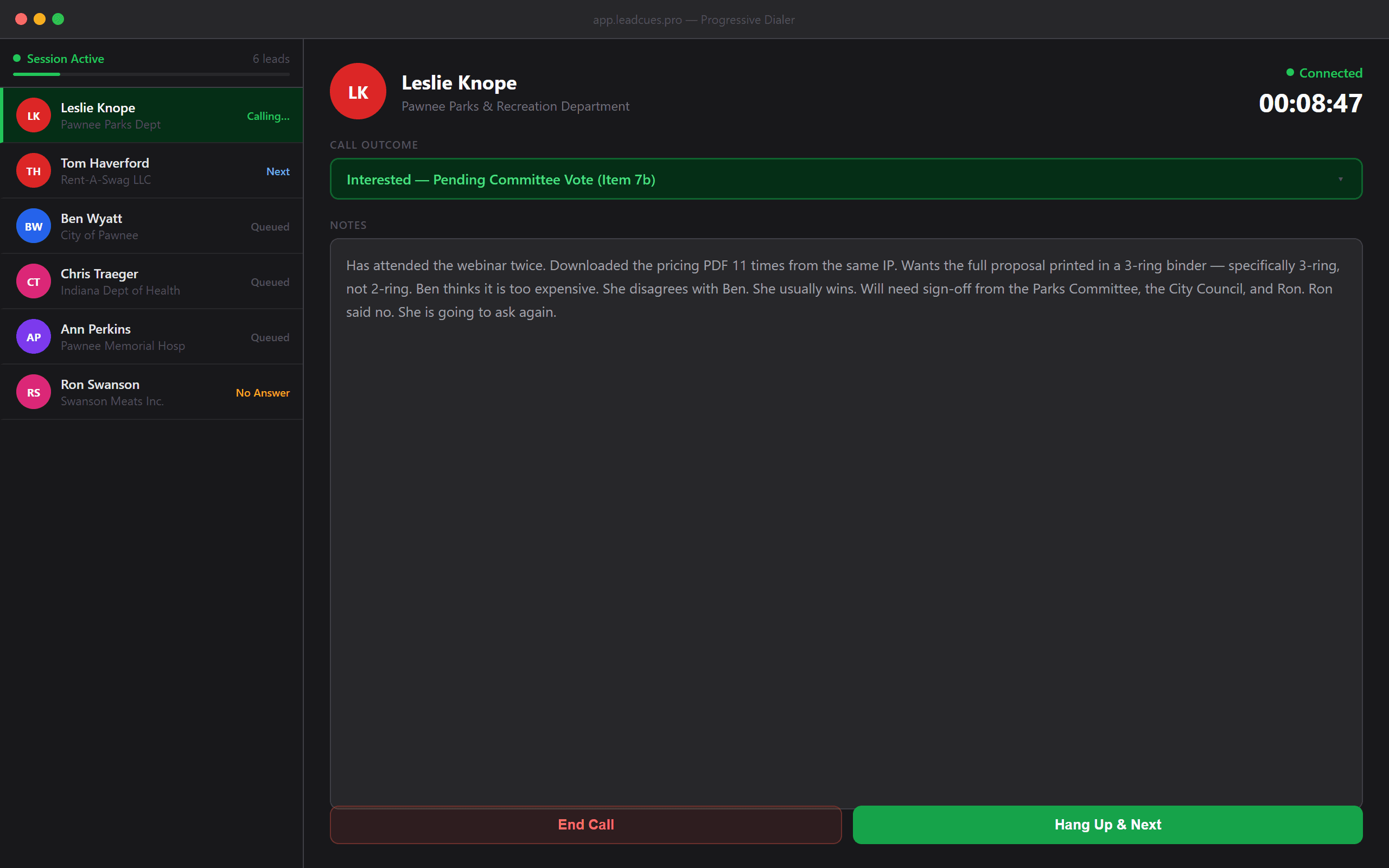 LeadCues calling session — lead name, call status, outcome logging, and next-action options
