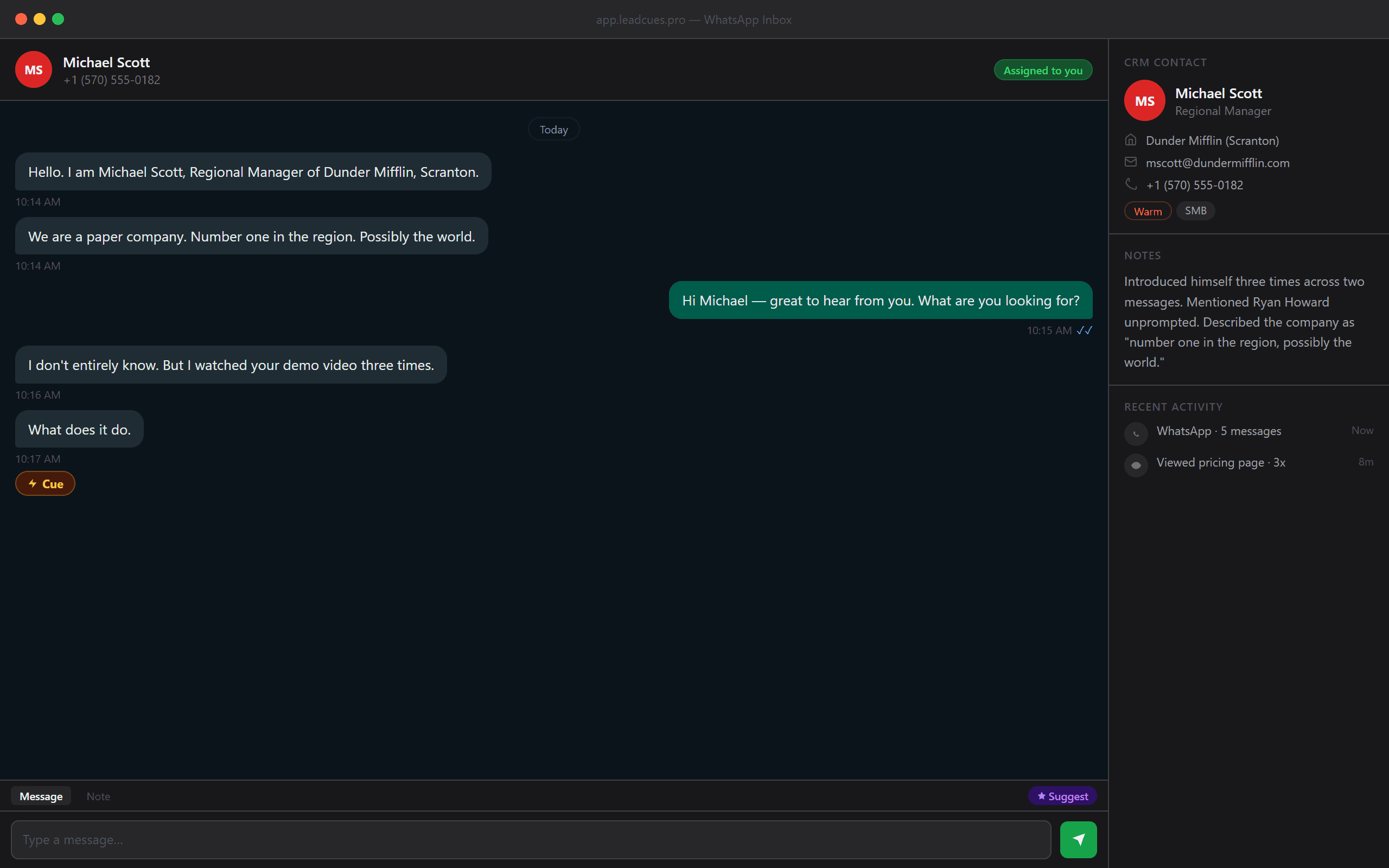 LeadCues shared WhatsApp inbox — conversation list, active chat, agent assignment, and CRM contact link